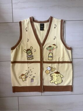 Pompompurin Yellow Sleeveless Knit Cardigan Vest with Brown Trim 1X